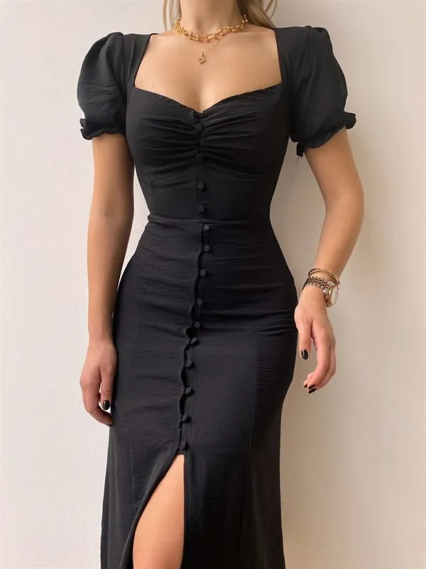 Elegant Dresses Women Summer Sexy Dress 2024 New V-Neck Single Breasted Short Puff Sleeves Solid High Waist Hem Split Midi Dress