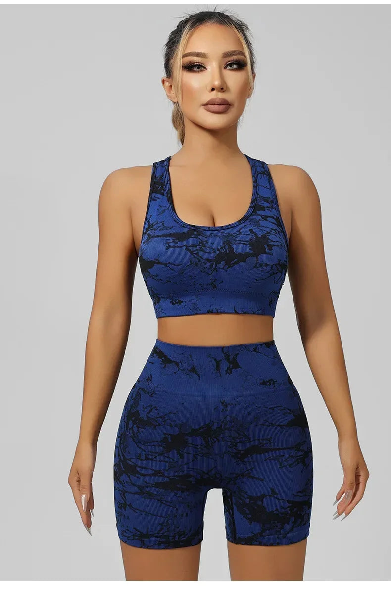 Women Seamless Tie Dye Yoga Set Quick Dry Sports Bra Shorts Lightweight Breathable Workout Outfit