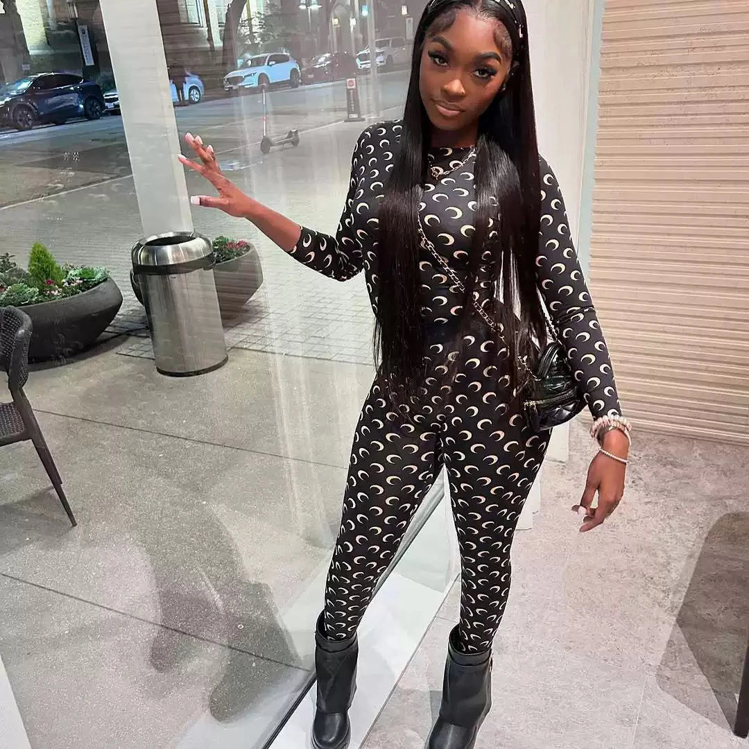 Women Jumpsuit Y2K Streetwear Moon Print Jumpsuit Elastic Long Sleeve Round Neck Autumn Sexy Fashion Bodysuit