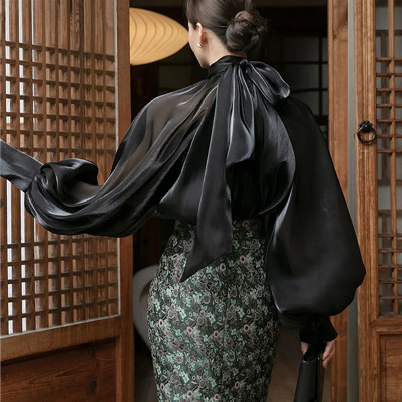 Elegant Chiffon Lantern Sleeve Blouse