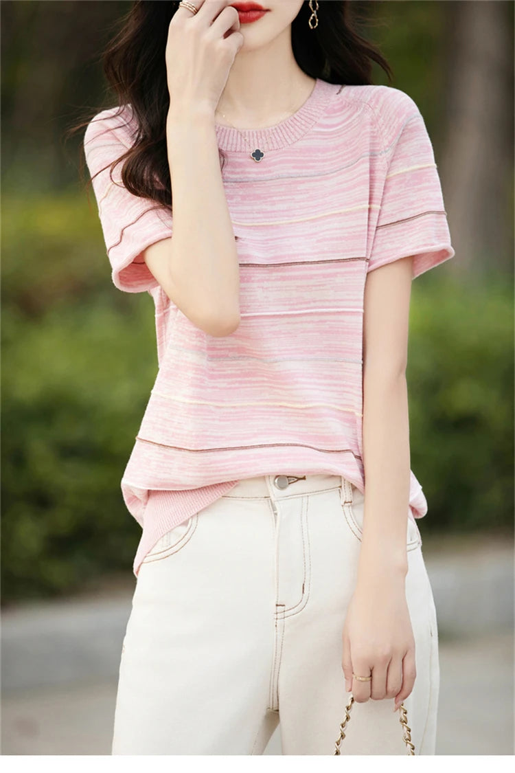 Women's T-shirts Summer New 100% Cotton Short Sleeve Casual Striped Knit Blouse Round Neck Tops Loose Pullover Tees