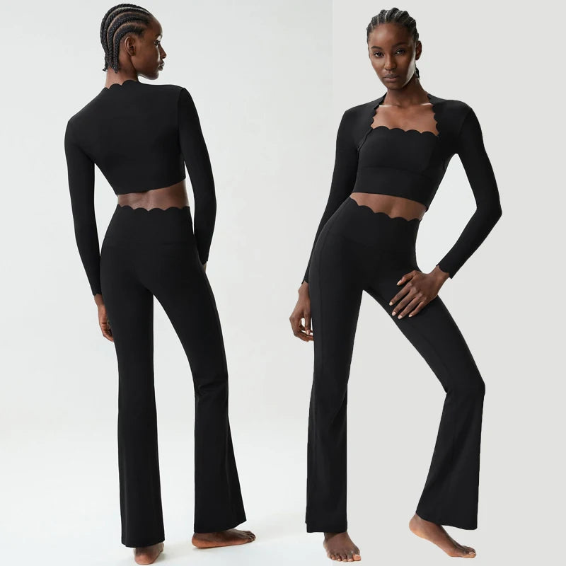Women Two Pieces Fitness Yoga Set Solid Color Long Sleeve Gym Sportswear Breathable Quick Dry Workout Clothes Female Suit