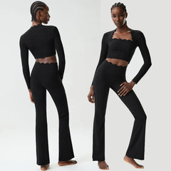 Women Two Pieces Fitness Yoga Set Solid Color Long Sleeve Gym Sportswear Breathable Quick Dry Workout Clothes Female Suit