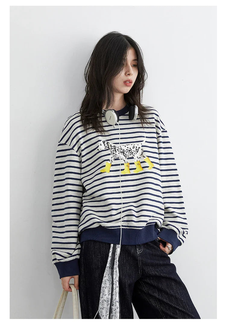 Striped Dog Print Loose Tee