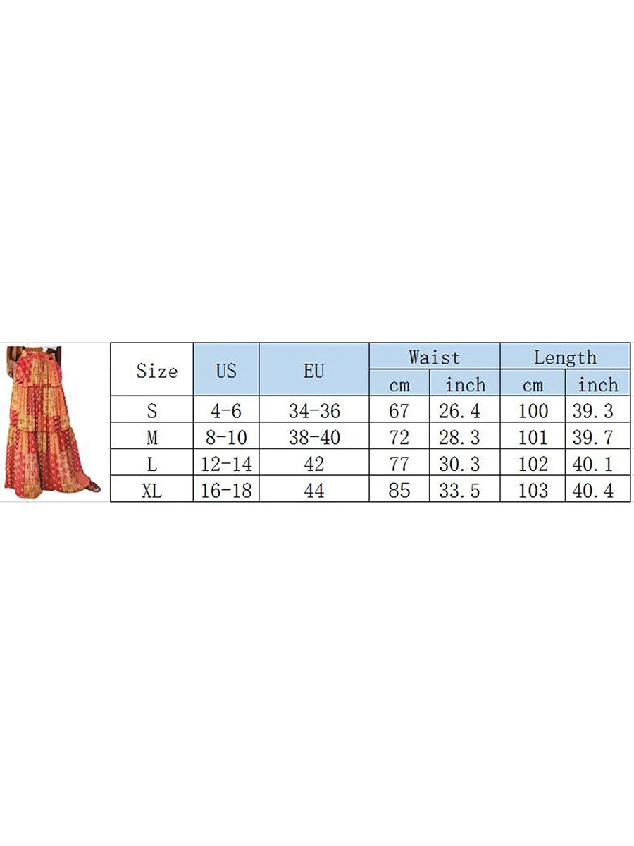 Women's Bohemian Skirts Vintage Elastic High Waist A-Line Skirts Tiered Long Skirts with Pockets