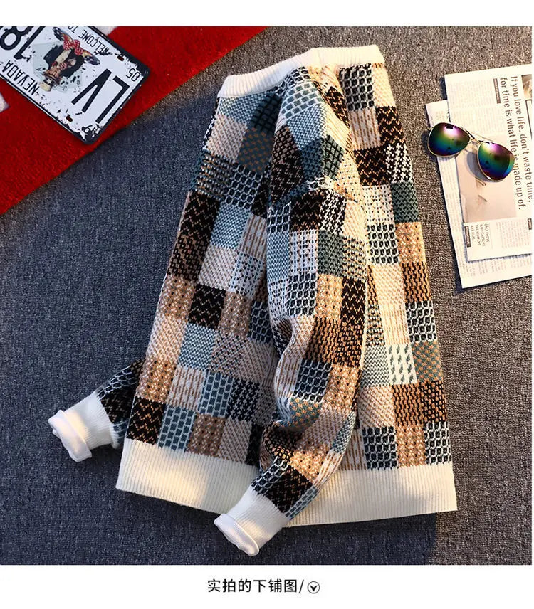 New Fashion Men Plaid Pullover Winter Sweaters Outwear Loose Casual Knitted Sweaters Male O-neck Pullovers Sweatercoats Size 4XL