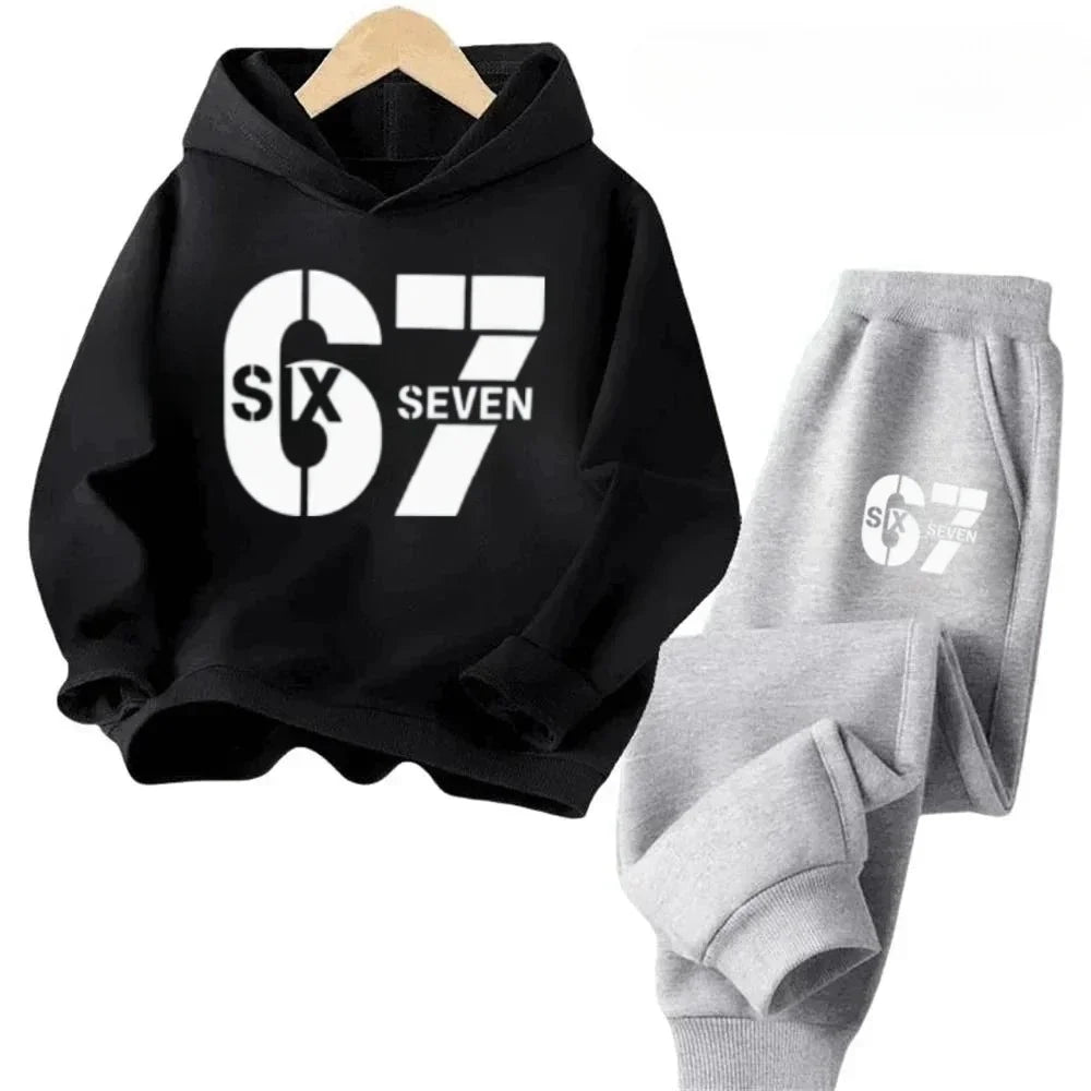 67 Hoodie Set Big Sale, 2-piece Set Suitable for Children Aged 4 To 13, Discounted Cartoon Printed Cotton Sportswear