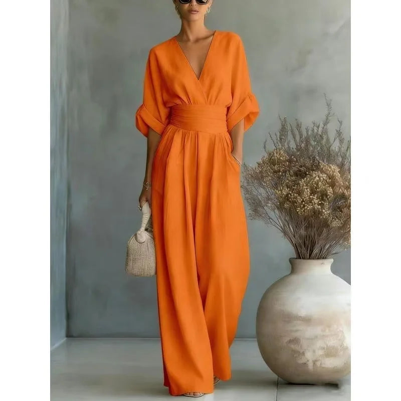 Women's Jumpsuit Fashion High Waist V-neck Casual Jumpsuits Sexy Solid Color Office Wide Leg Trousers Overalls Vacation Outfit