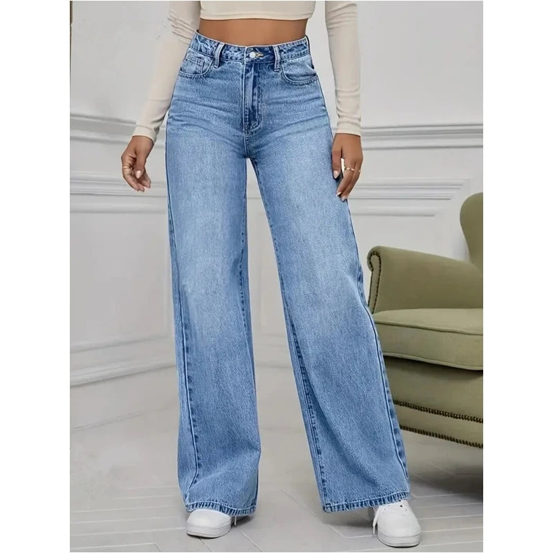 Spring and Autumn New Sky Blue Jeans for Women, Water Washed, Loose, Casual, Wide Legs, Comfortable, Vintage Pants