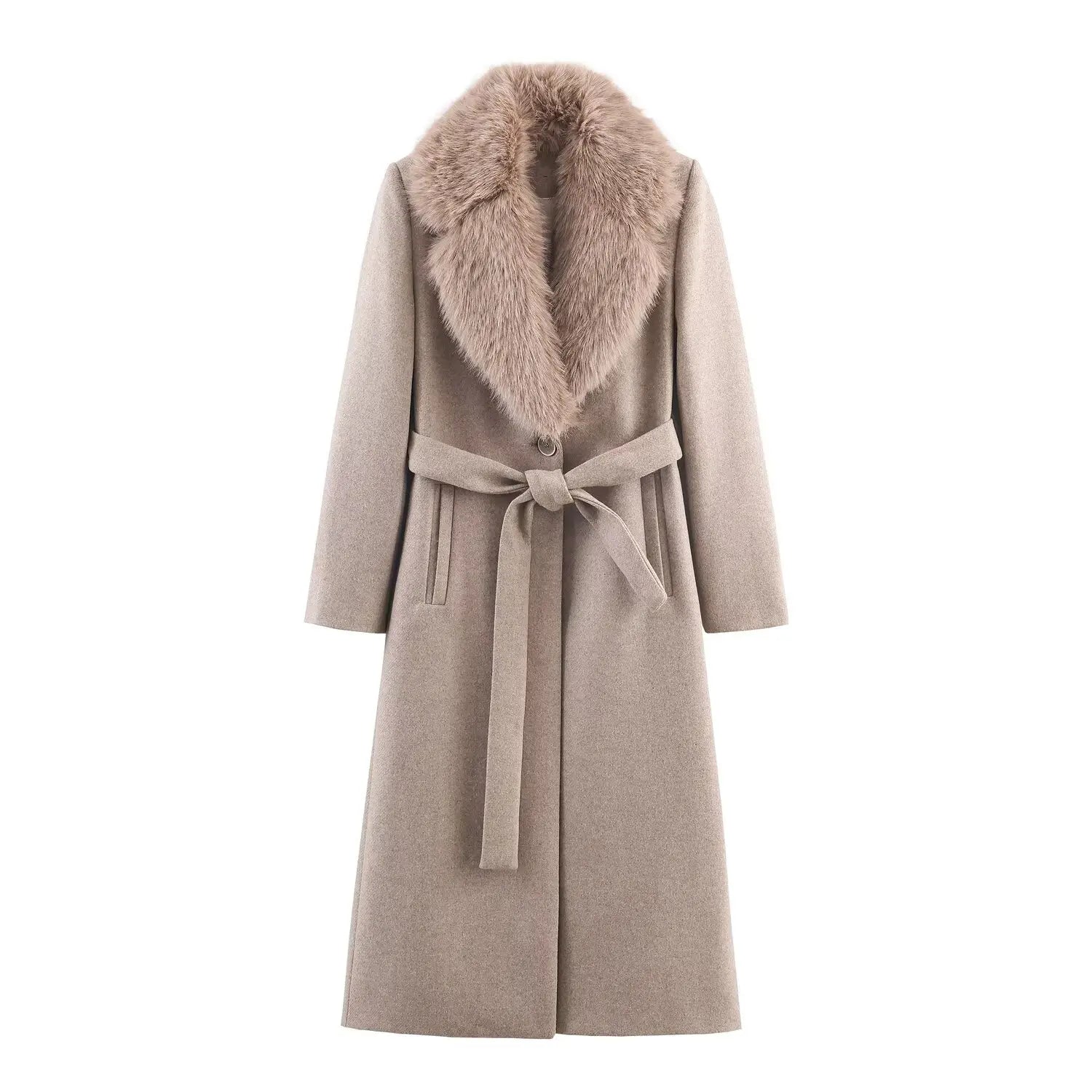 Elegant Belted Fur Collar Overcoat
