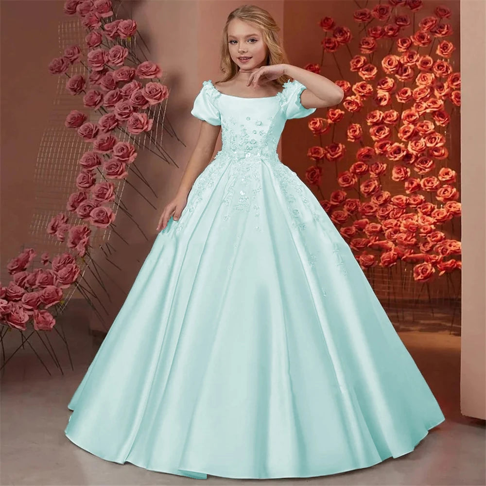 Elegant Flower Girl Dresses for Wedding Satin Beaded Floral Floor Length Girl Kids Birthday Party First Holy Communion Gown