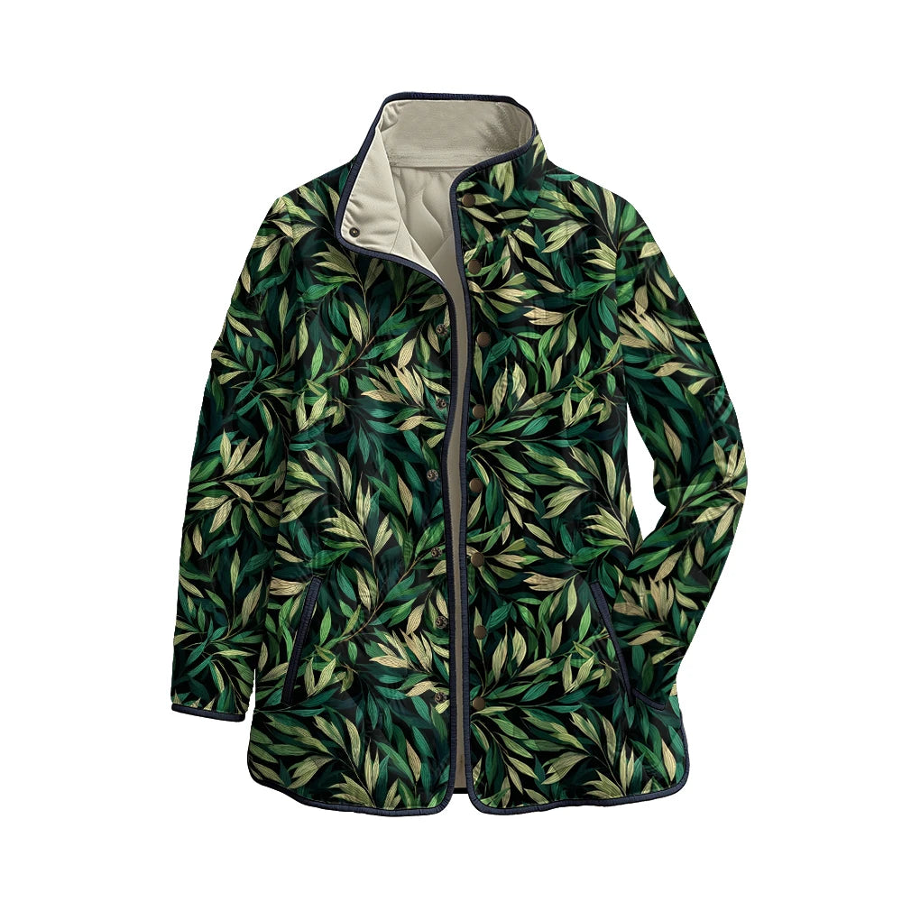 Quilted Leaf Print Winter Jacket
