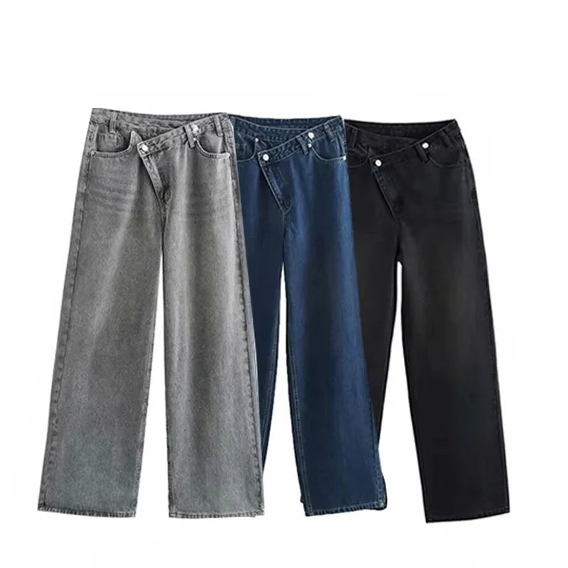 Slanted Placket Retro Wide Jeans