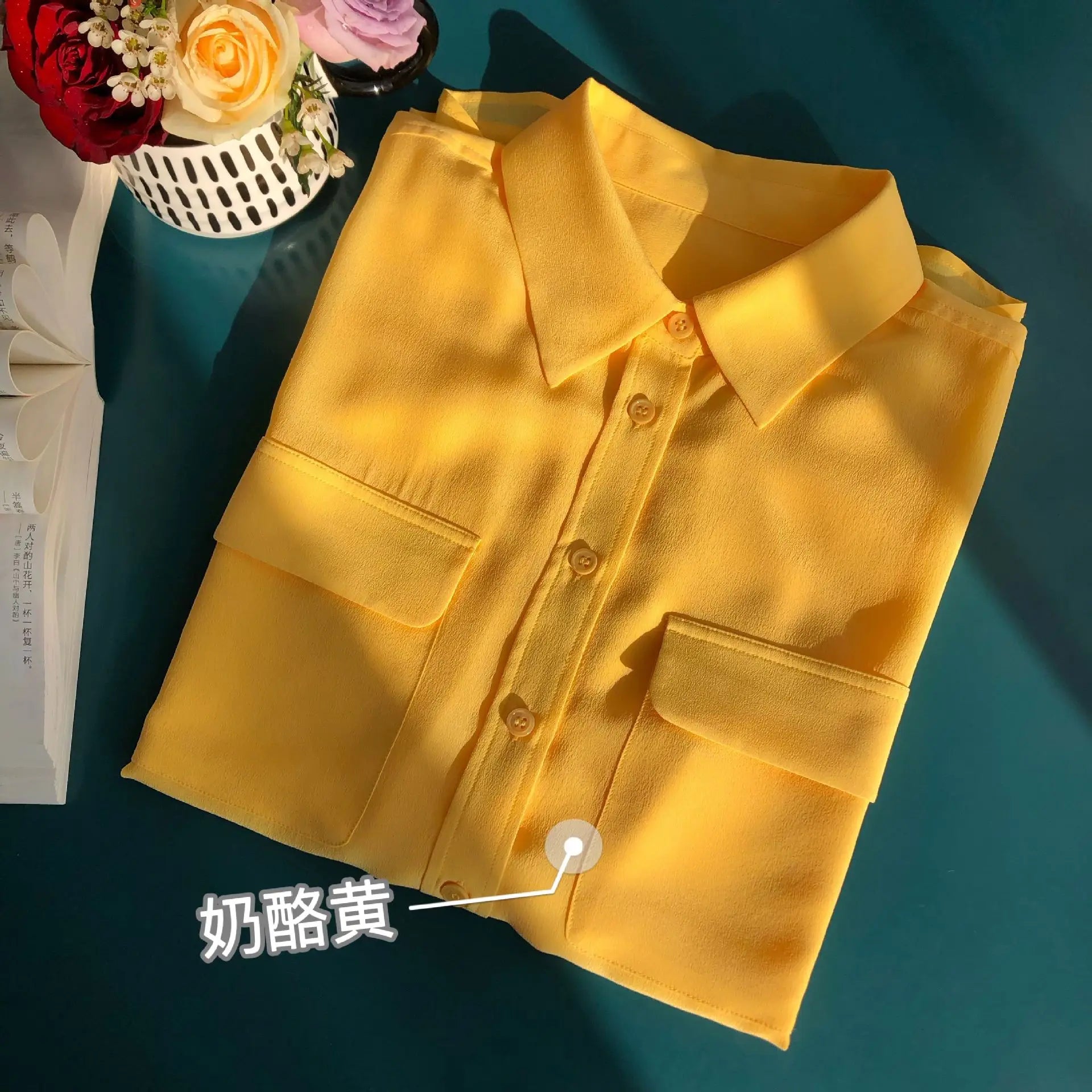 Women Real Silk Shirts Classic Double Pockets Solid Color Casual Fashion Long Sleeve Thin Shirt Blouses Tees