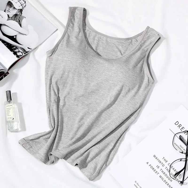 Women's Vest Tops With Built In Padded Bra Vest Slim Fit Tank Tops Sexy Shirts Feminino Casual Underlay Slimming Lingerie Top