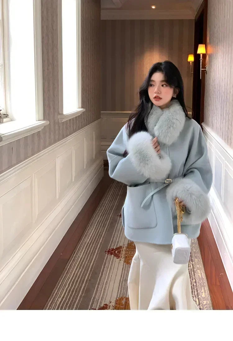 Luxury Wool Fur Winter Long Coat