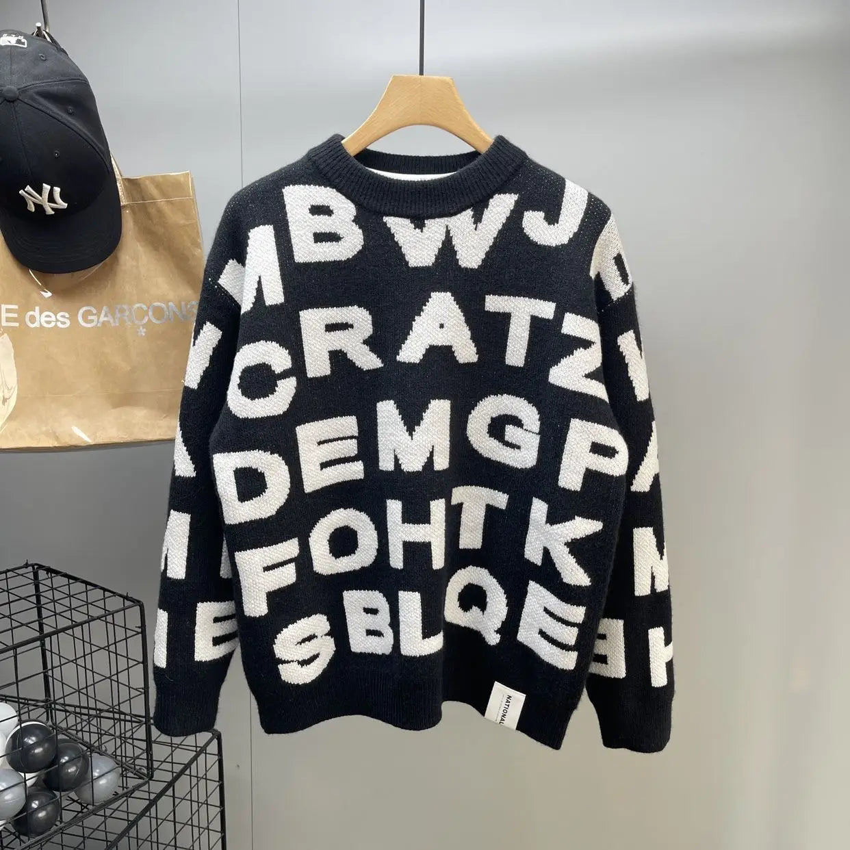 Sweater Men's Clothing Winter Full-print Letter Jacquard Loose Thickened Design Round Neck Top Trendy American Style Sweater