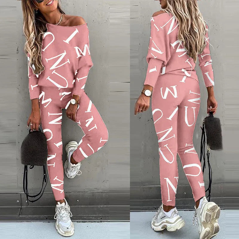 Women's Yoga Set Soft Outfit Letters Print Long Sleeve Top Spring Tracksuit Casual Sports Fitness Yoga Suit
