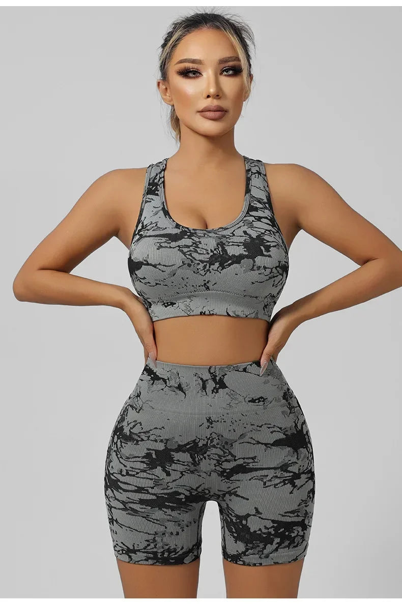 Women Seamless Tie Dye Yoga Set Quick Dry Sports Bra Shorts Lightweight Breathable Workout Outfit