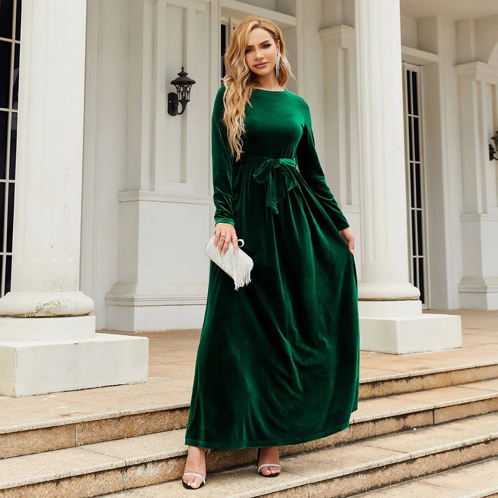 Women's Elegant A-Line Velvet Dress for Wedding Guest Prom Party Wedding Party, Long Sleeve Round Neck Belted Full Skirt