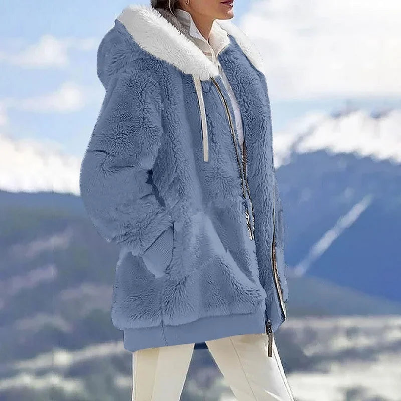 Autumn Winter Fashion Women's Coat New Casual Hooded Zipper Lady Clothes Cashmere Female Fleece Jacket Solid Color Ladies Coats