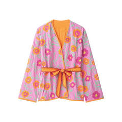Women's Flowers Embroidered Coats Autumn New V-neck Long Sleeve With Belt Jackets Fashion Casual Female Chic Outerwear