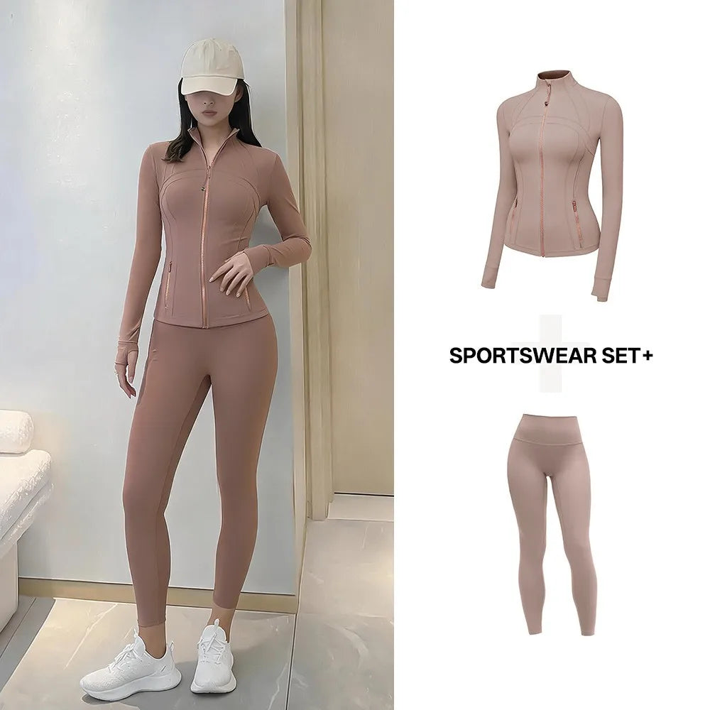 Women's Yoga Set Stand Collar Zip Jacket, Slim Fit Long Sleeve Sports Fitness Yoga Wear