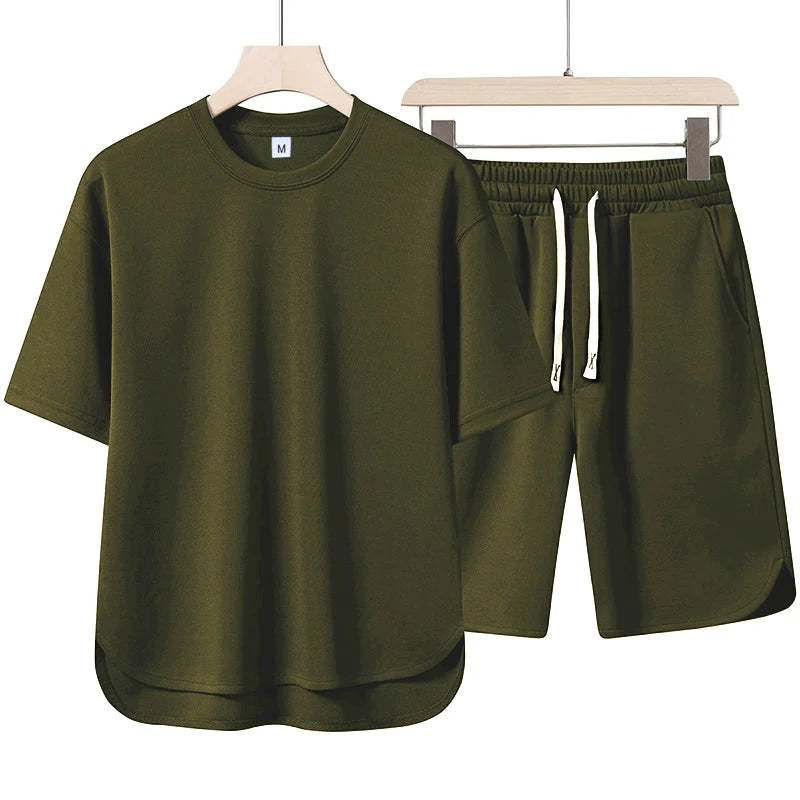 NEW Summer Men Suit Round Neck Short Sleeve T-shirt+shorts Two Piece Set Loose Outdoor sport Casual Suit men T-shirt Tracksuit