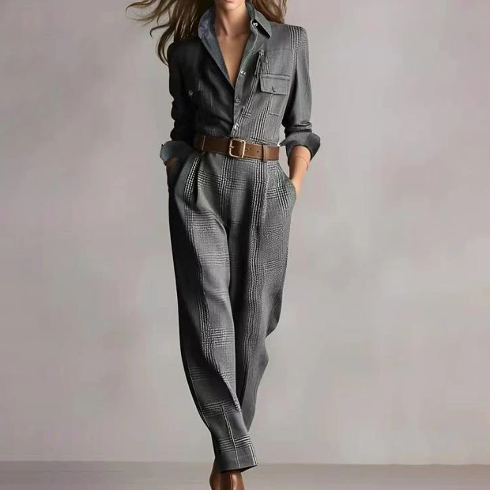 Beige Plaid Belted Shirt Jumpsuit