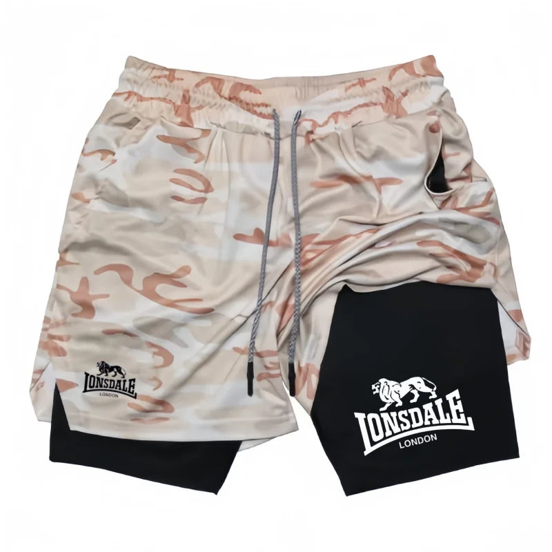Print 2in1 Running Shorts for Men Gym Workout Compression Shorts with Phone Pocket Towel Loop Summer Sport Athletic Activewear