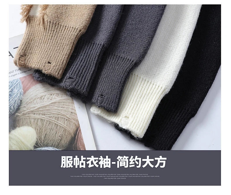 2026 Winter Fashion worn‑out design Sweater Men Casual Knit Pullovers Mens Thick Warm Loose Knitted Sweaters Streetwear Man