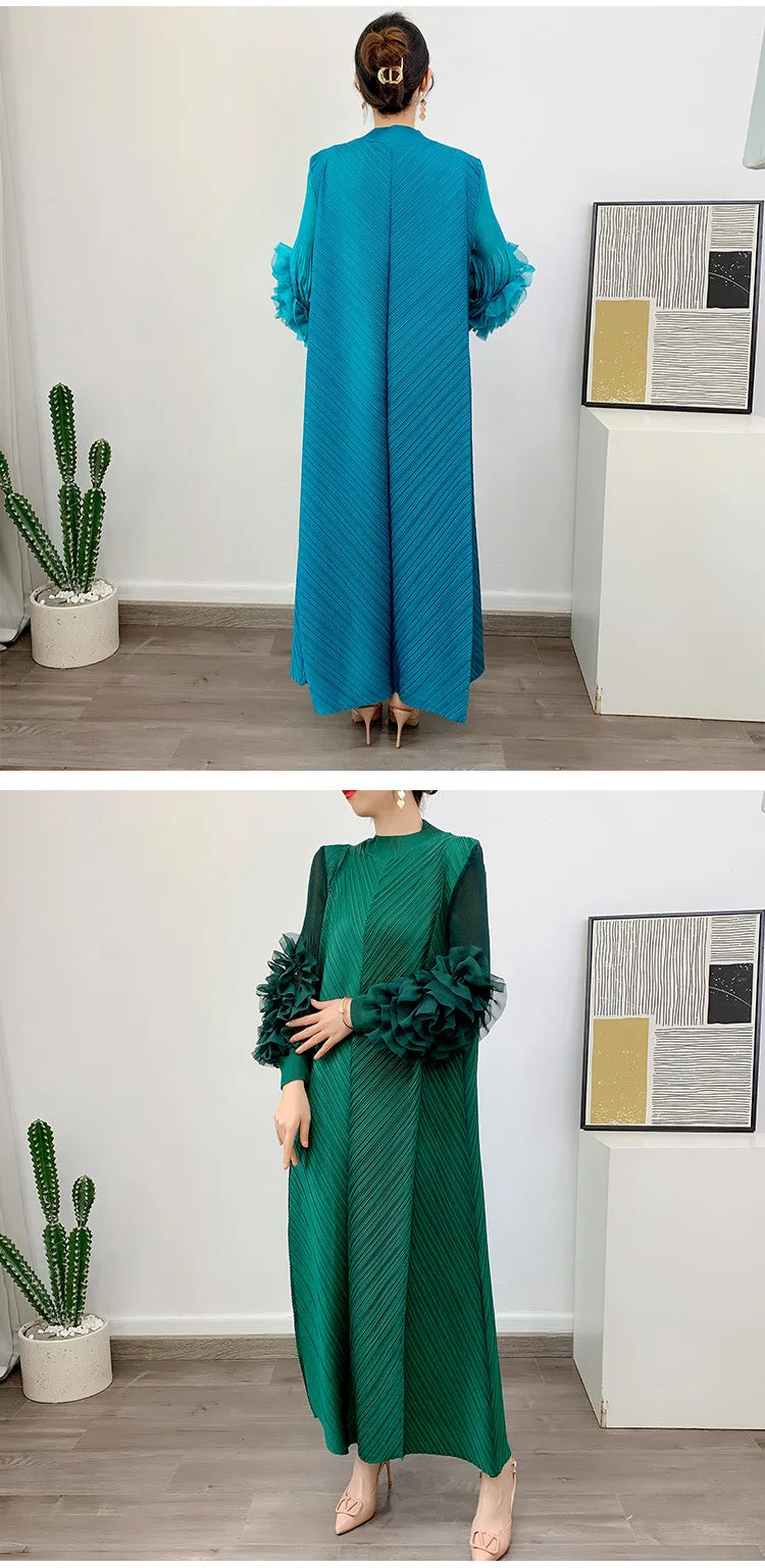 Women Elegant Evening Party Dresses 2025 Summer New Solid Colour Classic Long Sleeve Plate Flower Design Prom Dresses Female