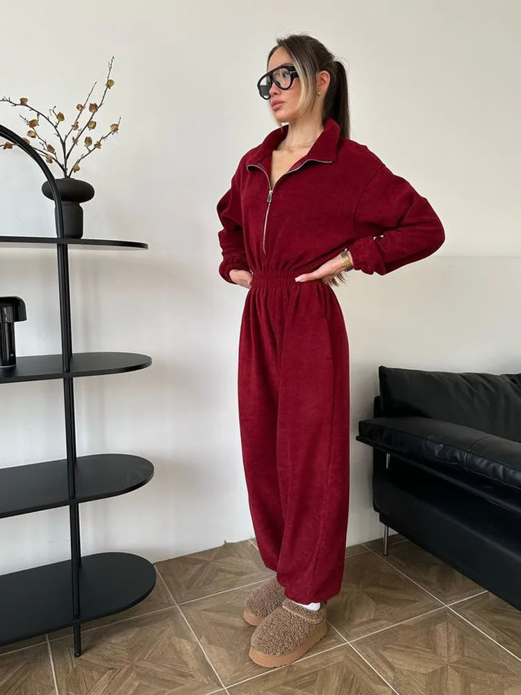 Jumpsuit Women 2026 New Fashionable Long Sleeved Jumpsuit for Women's Casual Half Open Collar Elastic Waist Jumpsuit