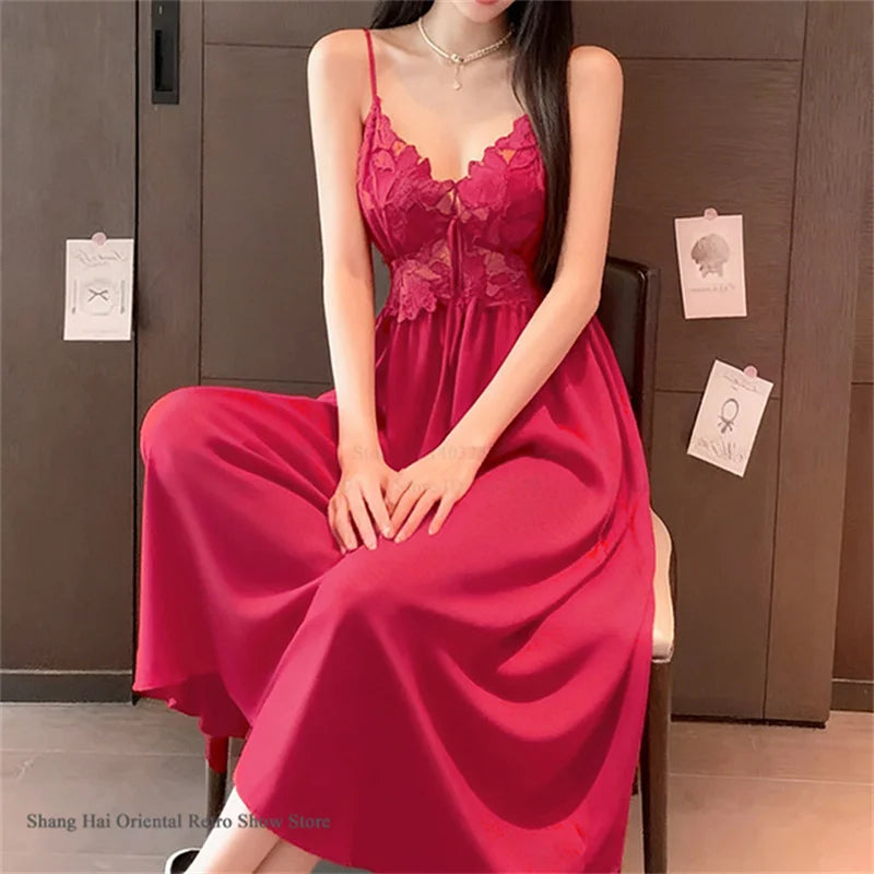 Elegant Female Long Robe Set Nightgown Silky Ice Silk Sleepwear Homewear SEXY Hollow Out Lace Nightdress Lingerie Loungewear