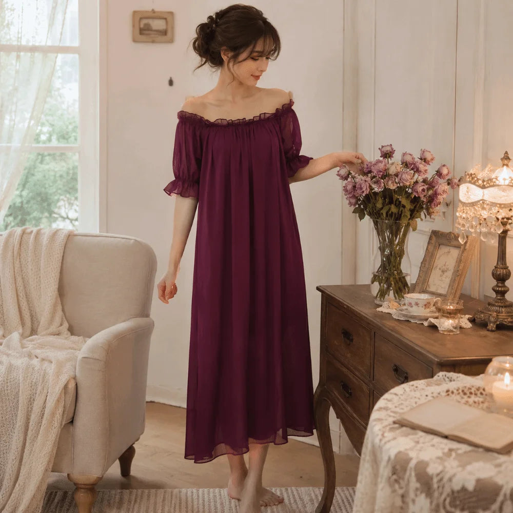 Home Dress Off Shoulder Sheer Nightgown V-neck Ruffle Mesh Nightdress Transparent Short Sleeve Long Sleeping Dress Sleep