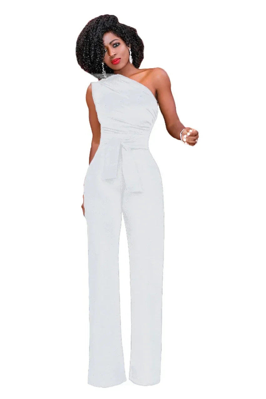 Elegant Skew Collar Belted Jumpsuit