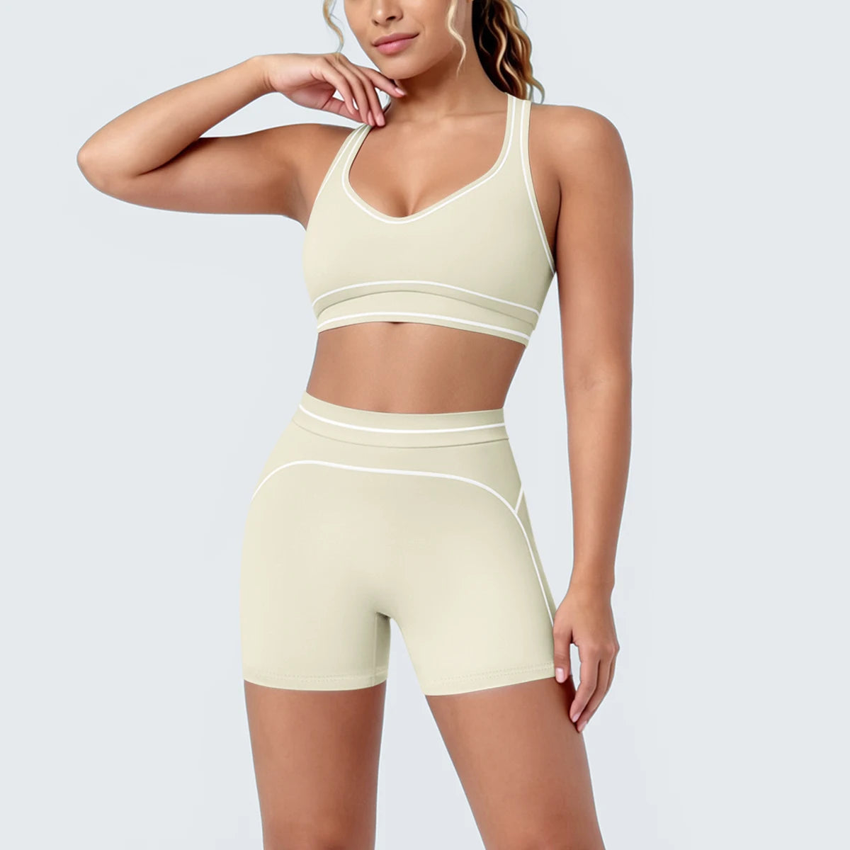 New Woman Yoga Set Color Blocking Sexy Sport Bra Yoga Underwear with Chest Pad High Waist Stripe Running Fitness Shorts Yoga Set