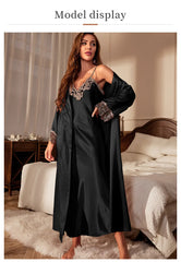 Female Long Twinset Robe Set Nightgown Spring Summer Kimono Bathrobe Gown Sexy Lace Trim Nightdress Satin Home Wear Loungewear