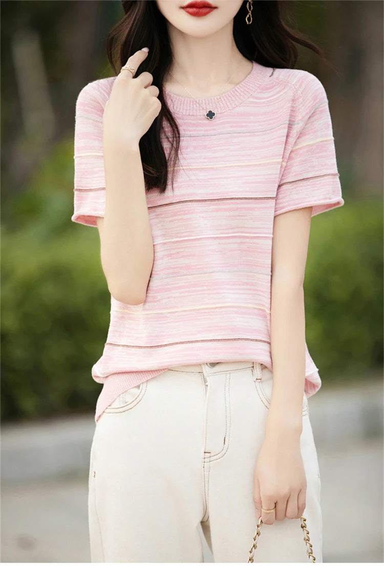 Women's T-shirts Summer New 100% Cotton Short Sleeve Casual Striped Knit Blouse Round Neck Tops Loose Pullover Tees