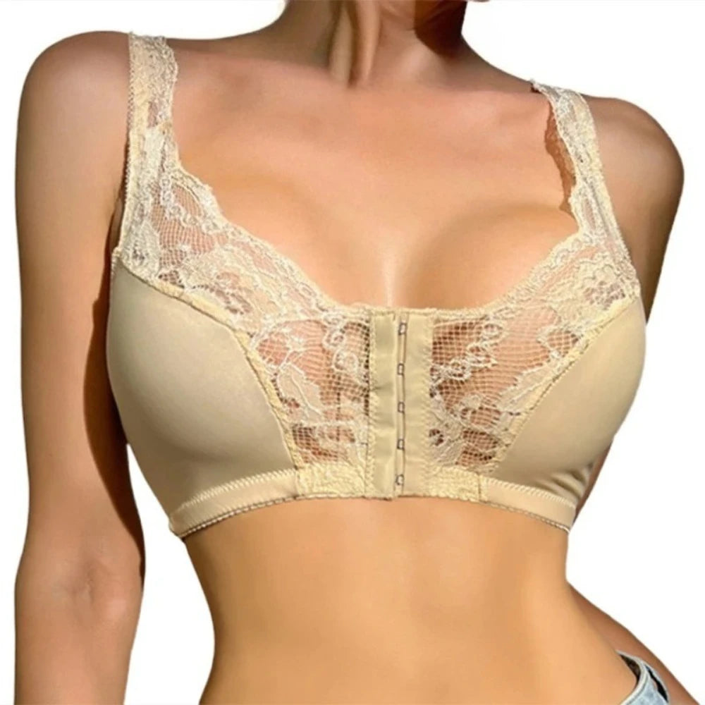 Woman’s Backless Sports Bras Non-Wired Thin Version Lace Minimizer Front Closure Full Bust Bra S-6XL