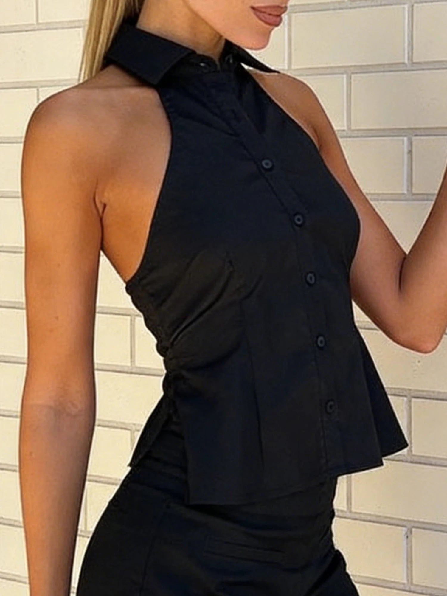 Women Button up Halter Tops Summer Trendy Lapel Tie up Backless Shirts for Streetwear Aesthetic Grunge Clothes