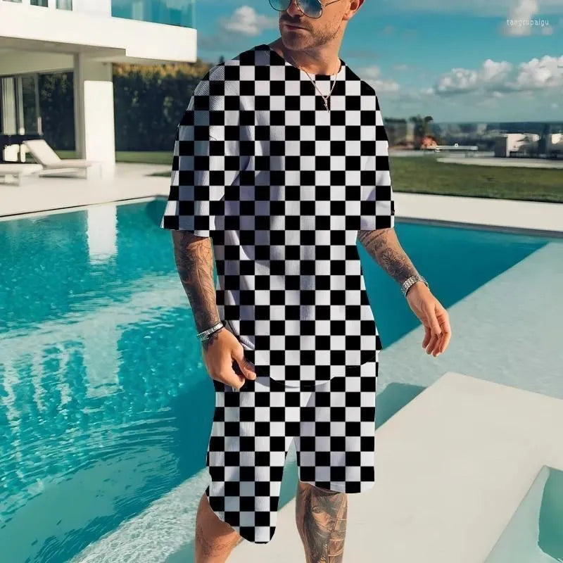 New Men's Tracksuits Summer Round Neck T-shirt Set 3D print Tracksuit Short Sets Casual Sports Suit T-shirts Two-piece suit
