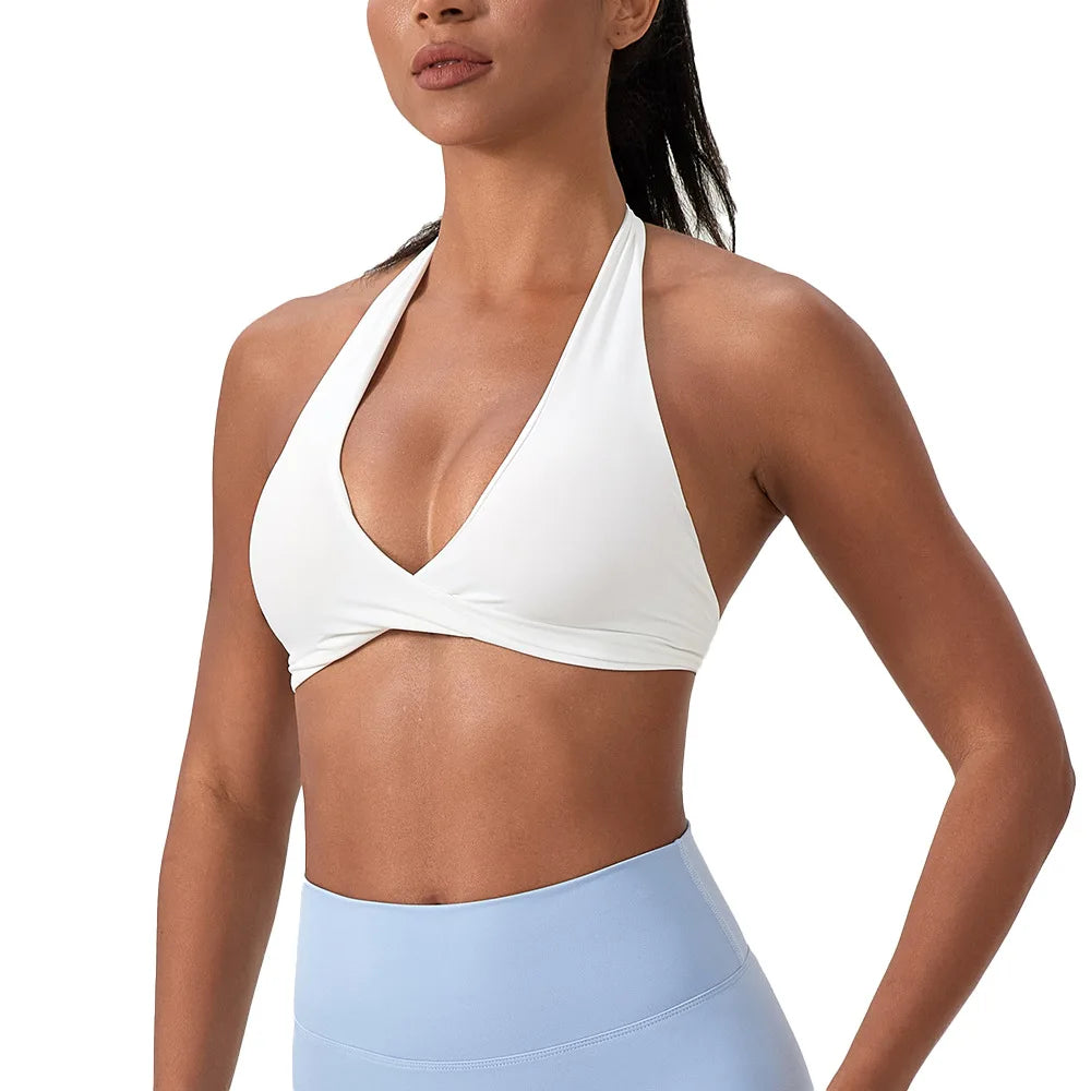 Strappy Bra for Women Open Back Halter Sports Bra Light Support Gym Crop Top Seamless Workout Yoga Top Bra Padded Bras
