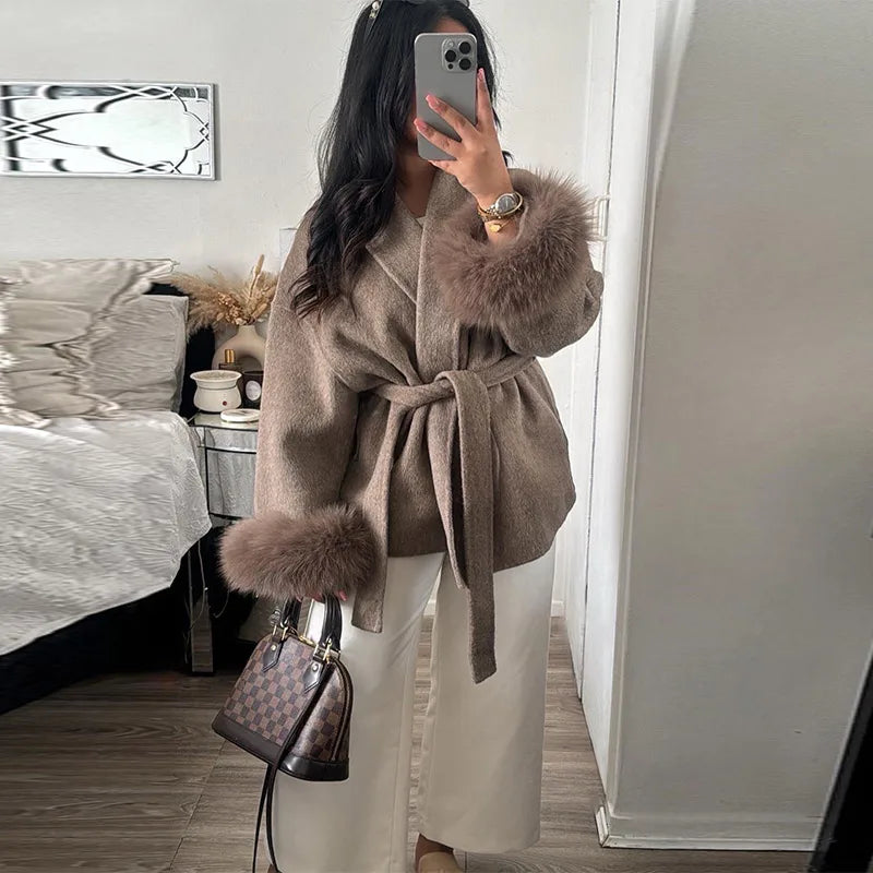 Elegant Women's Lace Up Woolen Coats Solid Full Sleeve Turn-down Collar Loose Lady Coats 2025 Autumn Winter Female Streetwear