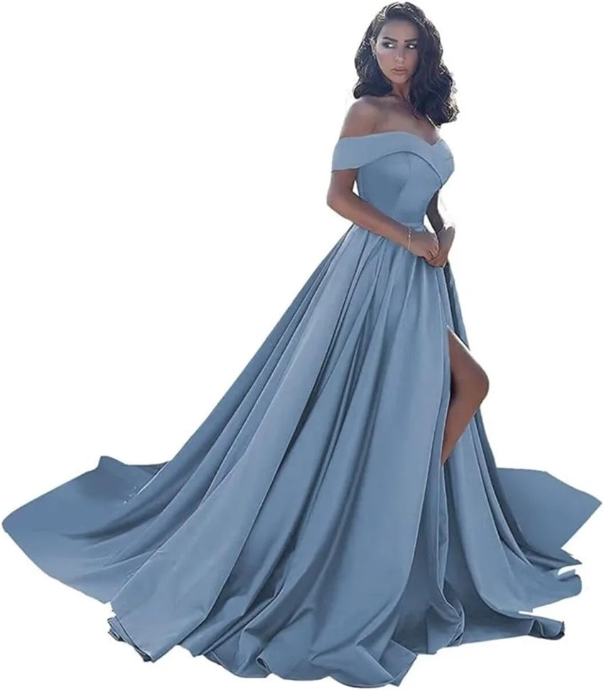 Simple Off Shoulder Satin Evening Gown