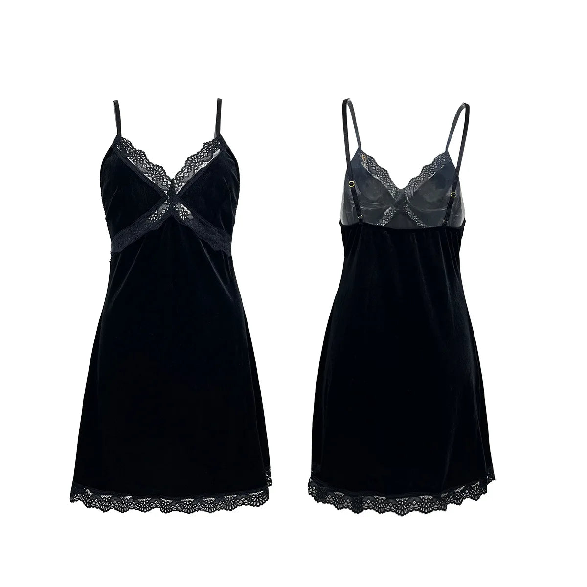 Women's Velvet Nightdress Sexy Deep V Nightgown Female Lace Patchwork Suspender Skirt Backless Adjustable shoulder strap Dress