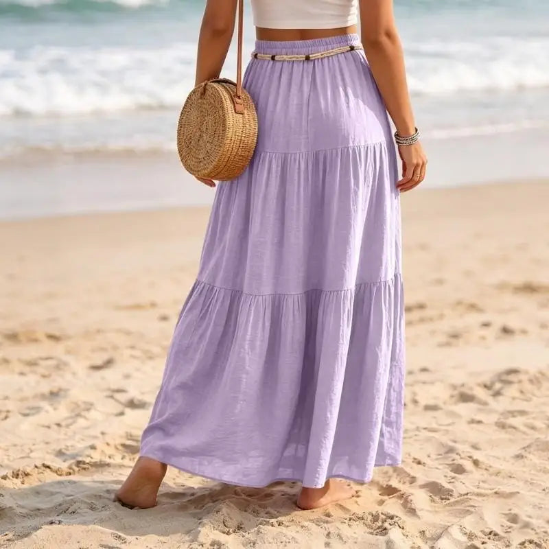 Skirts for Women Linen Maxi Skirt Pleated Long Flowy Elastic Skirt Tiered Beach A-Line Skirts 6XDA