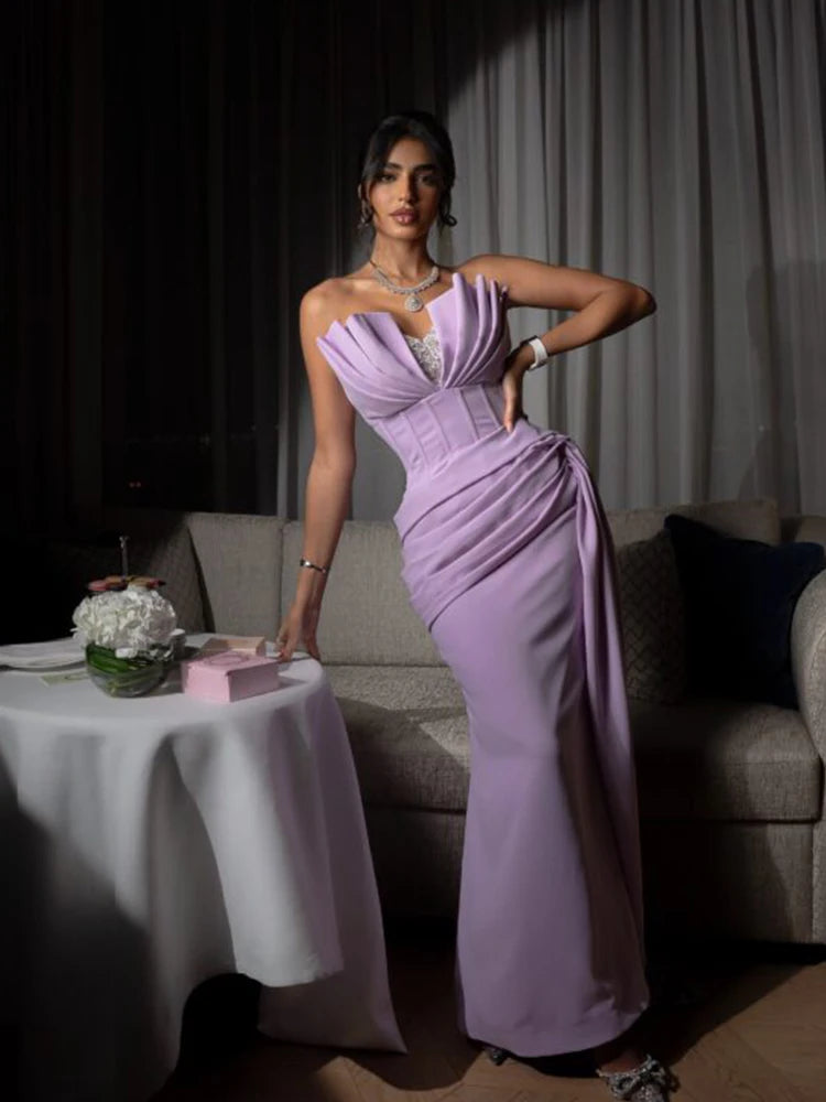 Elegant Party Dresses 2026 Women's Formal Evening Gowns Lilac Satin Corset Draped Ruffle Sparkly Bust Mermaid Prom Dresses