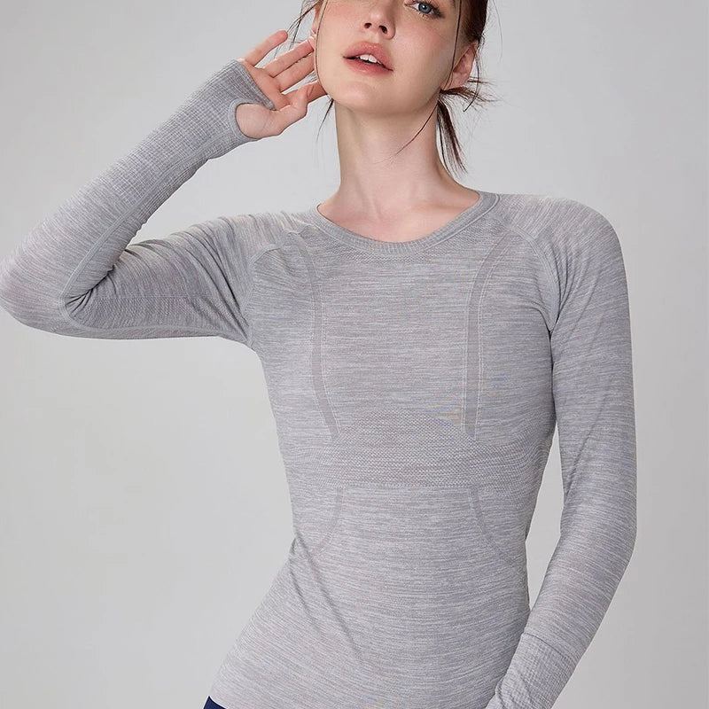Yoga Clothes for Women, Sports Tops, Round Neck, Seamless, Slim, Running Shirt Fitness Workout Long Sleeves Gym T Shirt, Winter