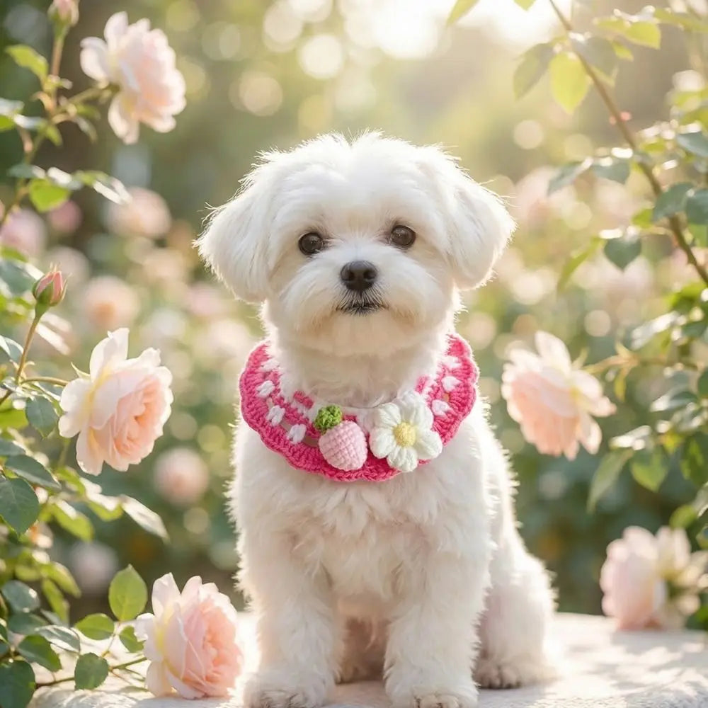 Pet Accessories Adjustable Flower Pet Scarf Bib Sweet Handmade Cat Strawberry Collar Decorative Cozy Cat Woven Bib Photo Shoots